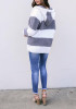 White-Grey White Striped Print Zipper Pockets Hooded Long Sleeve Oversized Casual Coat