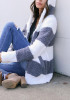 White-Grey White Striped Print Zipper Pockets Hooded Long Sleeve Oversized Casual Coat