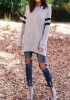 White Grey Striped Print Round Neck Long Sleeve Casual T-Shirt
