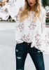 White Flowers Print Lace-up Flare Sleeve Round Neck Going out Blouse