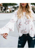 White Flowers Print Lace-up Flare Sleeve Round Neck Going out Blouse