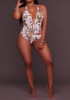 White Animal Print Tie Back Halter Neck Plunging Neckline One Piece Swimwear