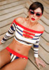 Red Striped Cut Out Off Shoulder Backless Two Piece Beach Swimwear