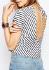 White Striped Tie Back Backless Round Neck Blouse