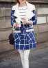Blue-White Plaid Pockets Fur Double Breasted Turndown Collar Casual Wool Coat