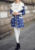 Blue-White Plaid Pockets Fur Double Breasted Turndown Collar Casual Wool Coat