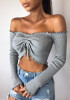 Grey Drawstring Crop Boat Neck Long Sleeve Fashion Blouse Grey Drawstring Crop Boat Neck Long Sleeve Fashion Blouse