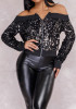 Black Sequin Zipper Off Shoulder Boat Neck Long Sleeve Outerwear