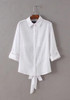 White Plain Cut Out Single Breasted Tie Back Turndown Collar Long Sleeve Blouse