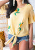 Yellow Floral Print Knot Round Neck Bohemian Sweet Blouse