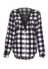 Black-White Plaid Drawstring Buttons V-neck Long Sleeve Fashion Blouses Black-White Plaid Drawstring Buttons V-neck Long Sleeve Fashion Blouses