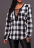 Black-White Plaid Drawstring Buttons V-neck Long Sleeve Fashion Blouses Black-White Plaid Drawstring Buttons V-neck Long Sleeve Fashion Blouses