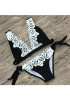 Black Patchwork Lace Crop 2-in-1 V-neck Fashion Swimwear