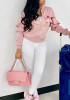 Pink Patchwork Zipper Ruffle Long Sleeve Band Collar Casual Coat