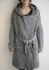 Grey Belt Pockets Hooded V-neck Long Sleeve Cardigan Sweater Grey Belt Pockets Hooded V-neck Long Sleeve Cardigan Sweater