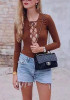 Camel Plain Lace-up Hollow-out Deep V Long Sleeve Backless T-Shirt