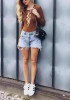 Camel Plain Lace-up Hollow-out Deep V Long Sleeve Backless T-Shirt