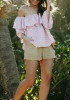 Pink-White Striped Ruffle Off Shoulder Backless Sweet Going out Blouse Pink-White Striped Ruffle Off Shoulder Backless Sweet Going out Blouse