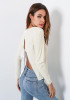 White Irregular Tie Back Bow Backless V-neck Long Sleeve T-Shirt