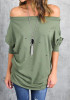 Green Cut Out Boat Neck Long Sleeve Fashion T-Shirt
