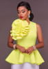 Yellow Flower Ruffle Zipper Peplum Prom Evening Party Round Neck Party Blouse
