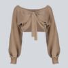 Khaki Ruffle Open Back Lantern Sleeve Off Shoulder Oversized Pullover Sweater