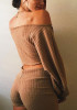 Khaki Ruffle Open Back Lantern Sleeve Off Shoulder Oversized Pullover Sweater