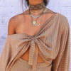 Khaki Ruffle Open Back Lantern Sleeve Off Shoulder Oversized Pullover Sweater