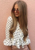 White Polka Dot Midriff Ruffle V-neck Fashion Blouse White Polka Dot Midriff Ruffle V-neck Fashion Blouse
