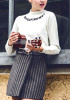 White Monogram Print Embroidery High Neck Long Sleeve Casual Pullover Sweater