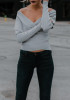Grey V-neck Off Shoulder Long Sleeve Fashion Pullover Sweater
