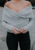 Grey V-neck Off Shoulder Long Sleeve Fashion Pullover Sweater
