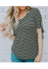 Black-White Striped Print Lace-up Casual Going out T-Shirt