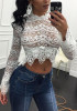 White Patchwork Lace Midriff Irregular Petal Neck Long Sleeve Blouse White Patchwork Lace Midriff Irregular Petal Neck Long Sleeve Blouse