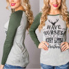 Women T-shirt Christmas Letter Print Mosaic Top Casual O-neck Raglan Long Sleeve T shirt