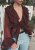 Casual Red Ruffle Irregular Plunging Neckline Long Sleeve Layers Of Casual Blouse