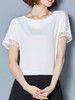 Casual Round Neck Hollow Out Plain Chiffon Blouse