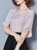 Casual Asymmetric Neck Ruffle Trim Vertical Striped Blouse