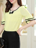 Casual Round Neck Bowknot Plain Bell Sleeve Blouse