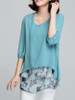 Casual Round Neck Asymmetric Hem Abstract Print Bishop Sleeve Blouse