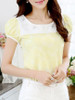 Casual Round Neck Rhinestone Decorative Lace Puff Short Sleeve T-Shirt