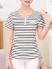 Casual Split Neck Decorative Button Striped Short Sleeve T-Shirt