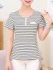 Casual Split Neck Decorative Button Striped Short Sleeve T-Shirt
