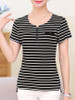 Casual Split Neck Decorative Button Striped Short Sleeve T-Shirt