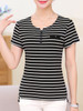 Casual Split Neck Decorative Button Striped Short Sleeve T-Shirt