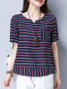 Casual Split Neck Patch Pocket Color Block Striped Blouse