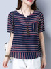 Casual Split Neck Patch Pocket Color Block Striped Blouse