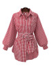 Casual Red Plaid Puff Sleeve Oversized Blouse