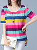 Casual Round Neck Multi-Color Striped High-Low Blouse
