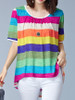 Casual Round Neck Multi-Color Striped High-Low Blouse